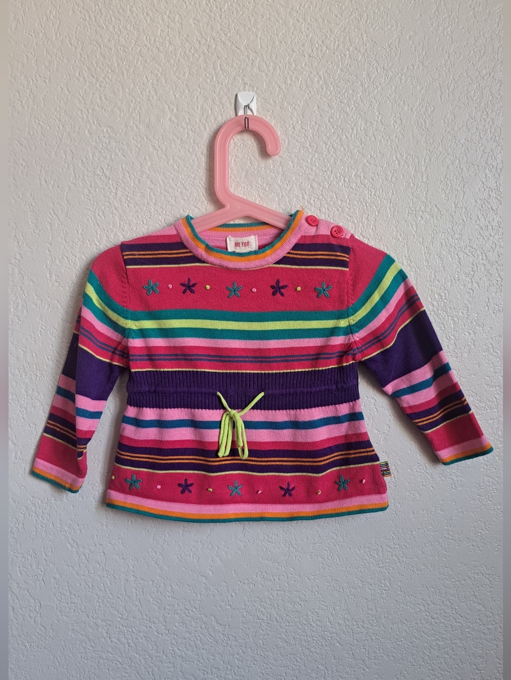 Me Too Girls Vintage Pink Colorful Embroidered Striped Y2k Longsleeve Size 9M